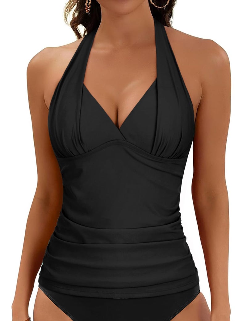 Hilor Women's Plunging V Neck Halter Swim Tops Shirred Tankini Top New Version Black 12 - Image 4